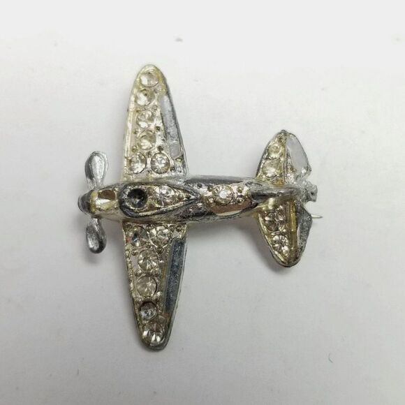Vintage Rhinestone Airplane Brooch, Silver Tone C Clasp Pin, Estate - Picture 1 of 6